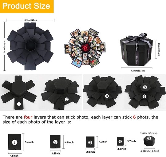 Explosion Gift Box 6 Faces – DIY Handmade Photo Memory Scrapbook with Surprise Gift Box for Boyfriend, Girlfriend, Anniversary, Birthday, Valentine’s Day, or Wedding (18.5x18.5 Inch Open)